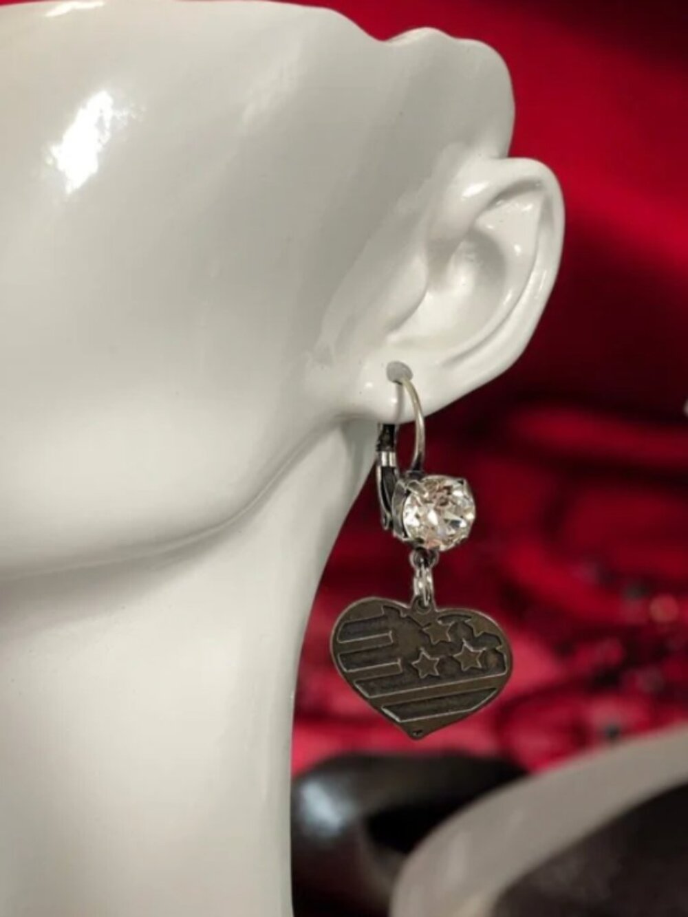 American Flag Heart Clear Crystal Dangle Earrings